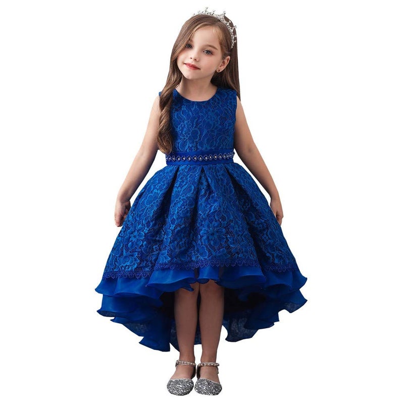 HIHCBF Flower Girls High Low Lace Dress Princess Wedding Pageant Birthday Christmas Party Formal Evening Dance Ball Gown Royal Blue 4-5T - Image 1